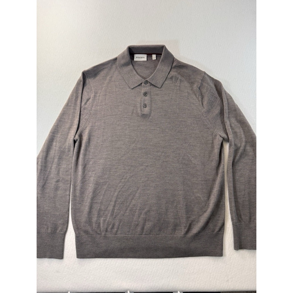 Bonobos Mens Long Sleeve Collared Sweater Merino Wool Large Gray Preppy NWOT